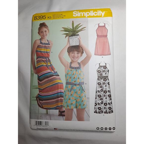 Simplicity Sewing Pattern 8395 Girls Halter Dress or Romper Size 7 - 14 Uncut - Picture 1 of 5